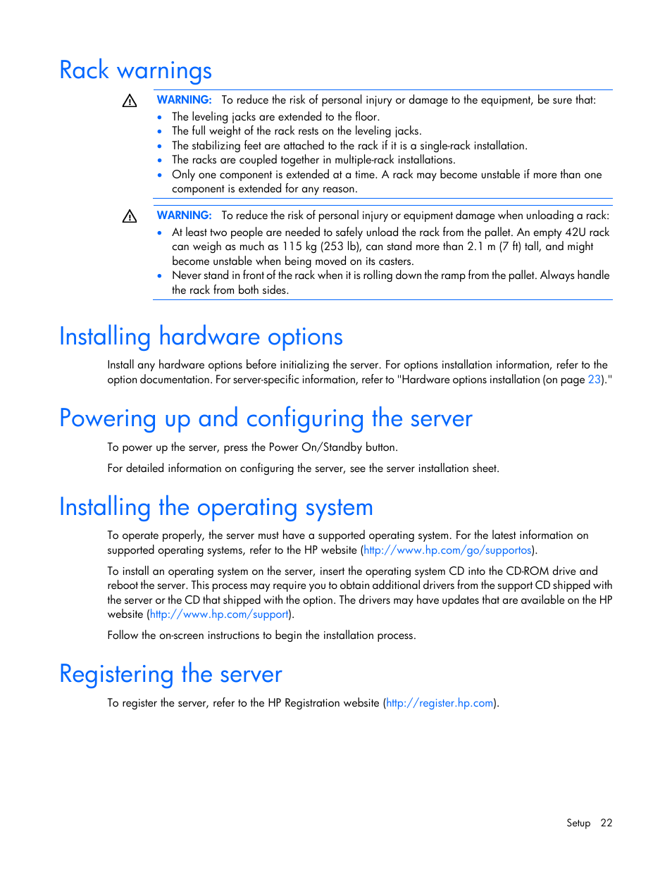 Rack warnings, Installing hardware options, Powering up and configuring the server | Installing the operating system, Registering the server | HP ProLiant DL120 G6 Server User Manual | Page 22 / 113