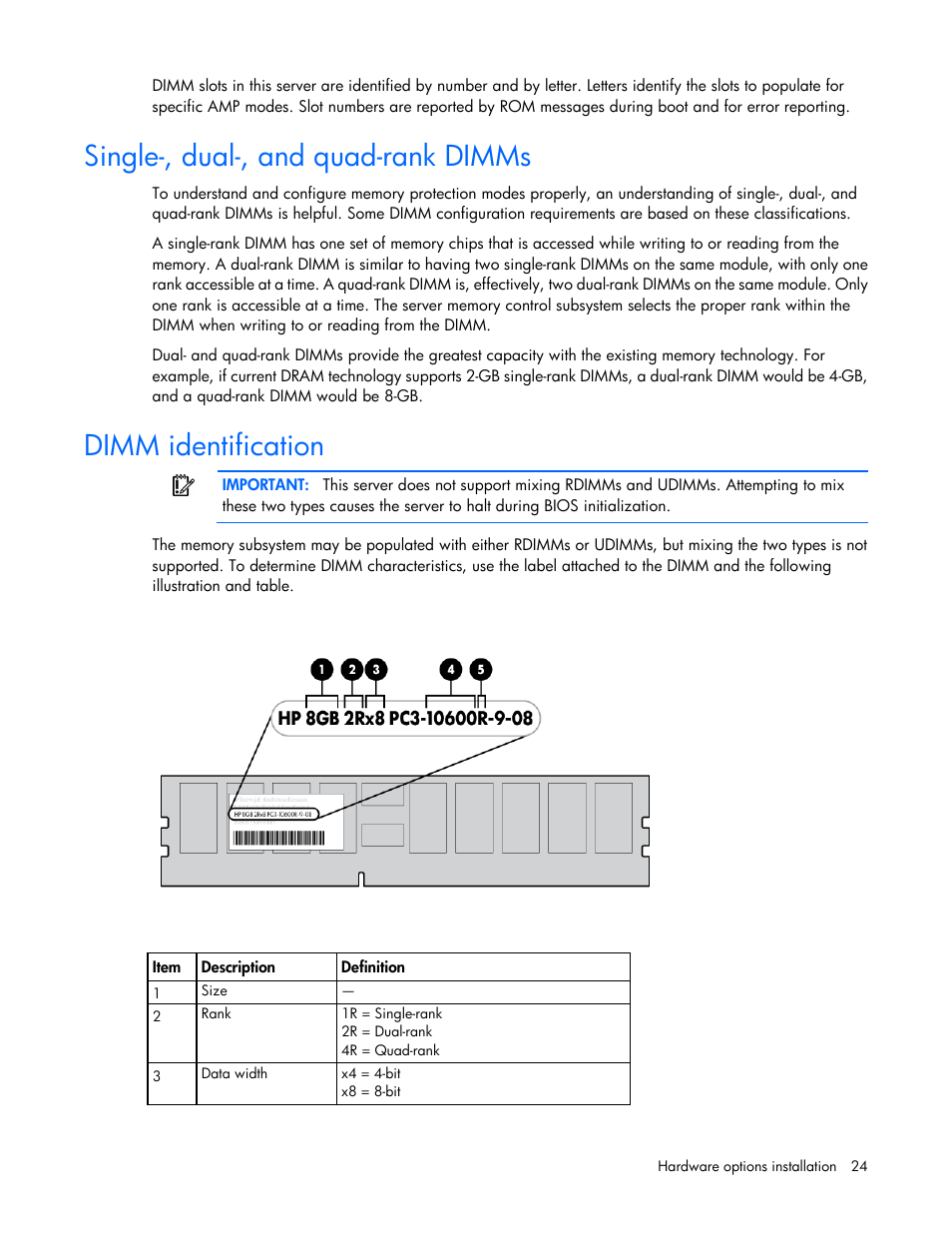 Single-, dual-, and quad-rank dimms, Dimm identification | HP ProLiant DL120 G6 Server User Manual | Page 24 / 113