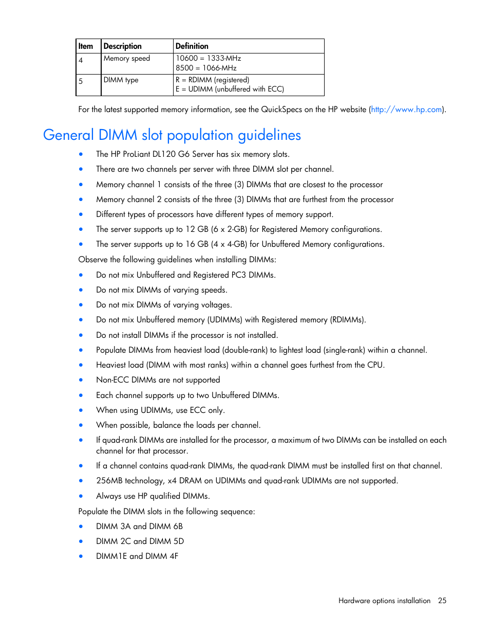 General dimm slot population guidelines | HP ProLiant DL120 G6 Server User Manual | Page 25 / 113