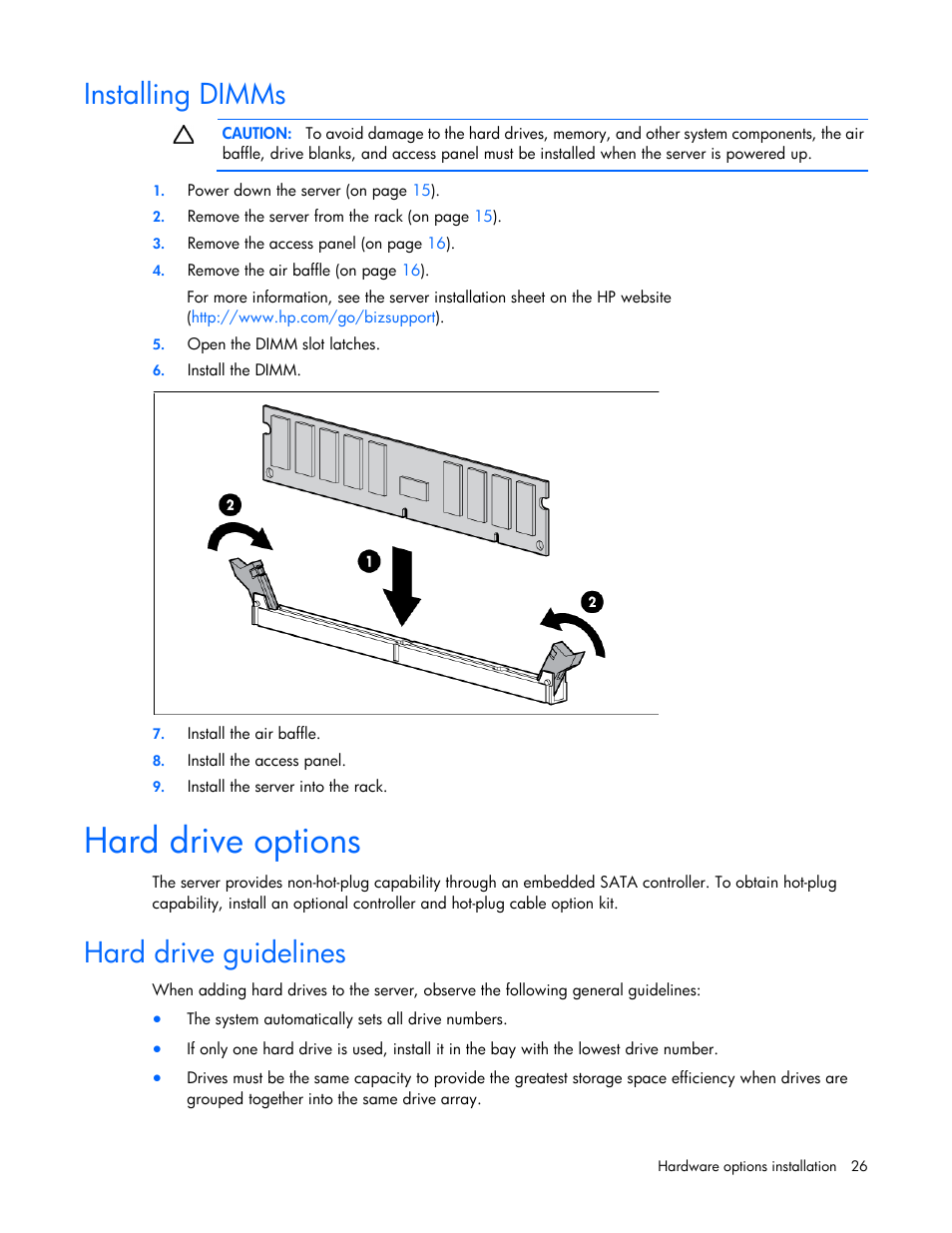 Installing dimms, Hard drive options, Hard drive guidelines | HP ProLiant DL120 G6 Server User Manual | Page 26 / 113