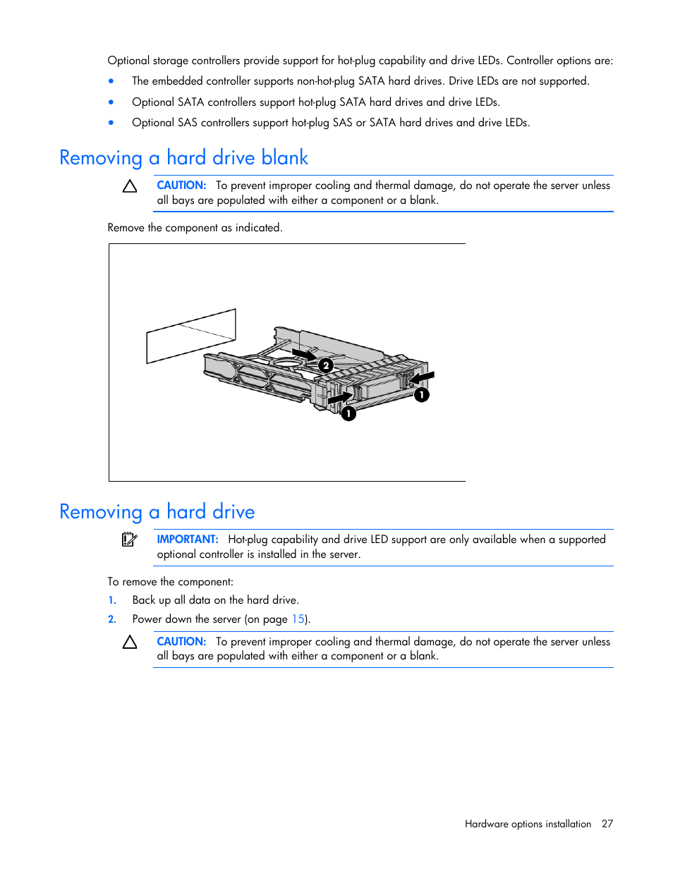 Removing a hard drive blank, Removing a hard drive | HP ProLiant DL120 G6 Server User Manual | Page 27 / 113