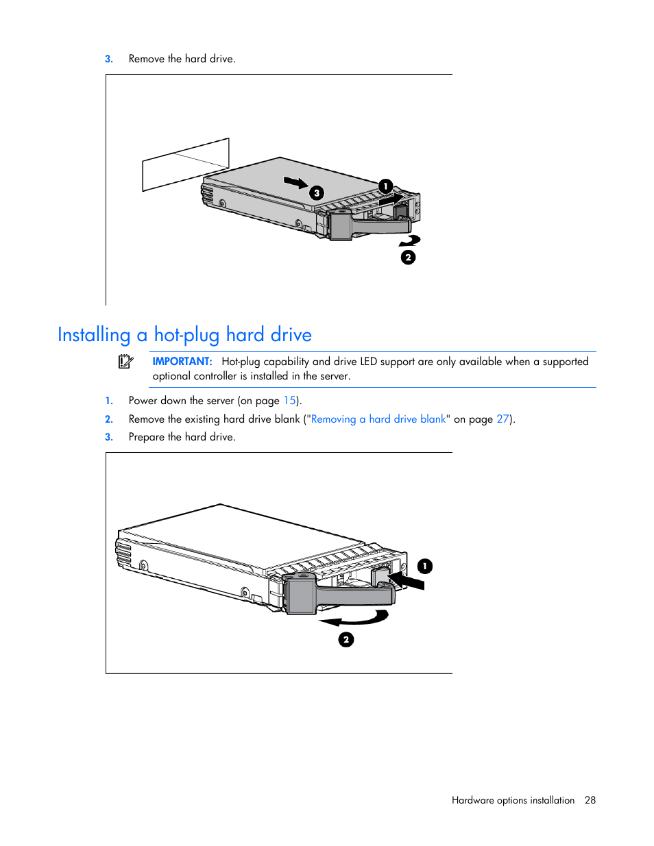 Installing a hot-plug hard drive | HP ProLiant DL120 G6 Server User Manual | Page 28 / 113