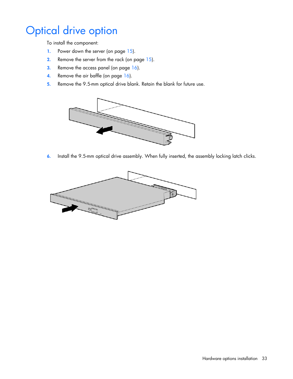 Optical drive option | HP ProLiant DL120 G6 Server User Manual | Page 33 / 113