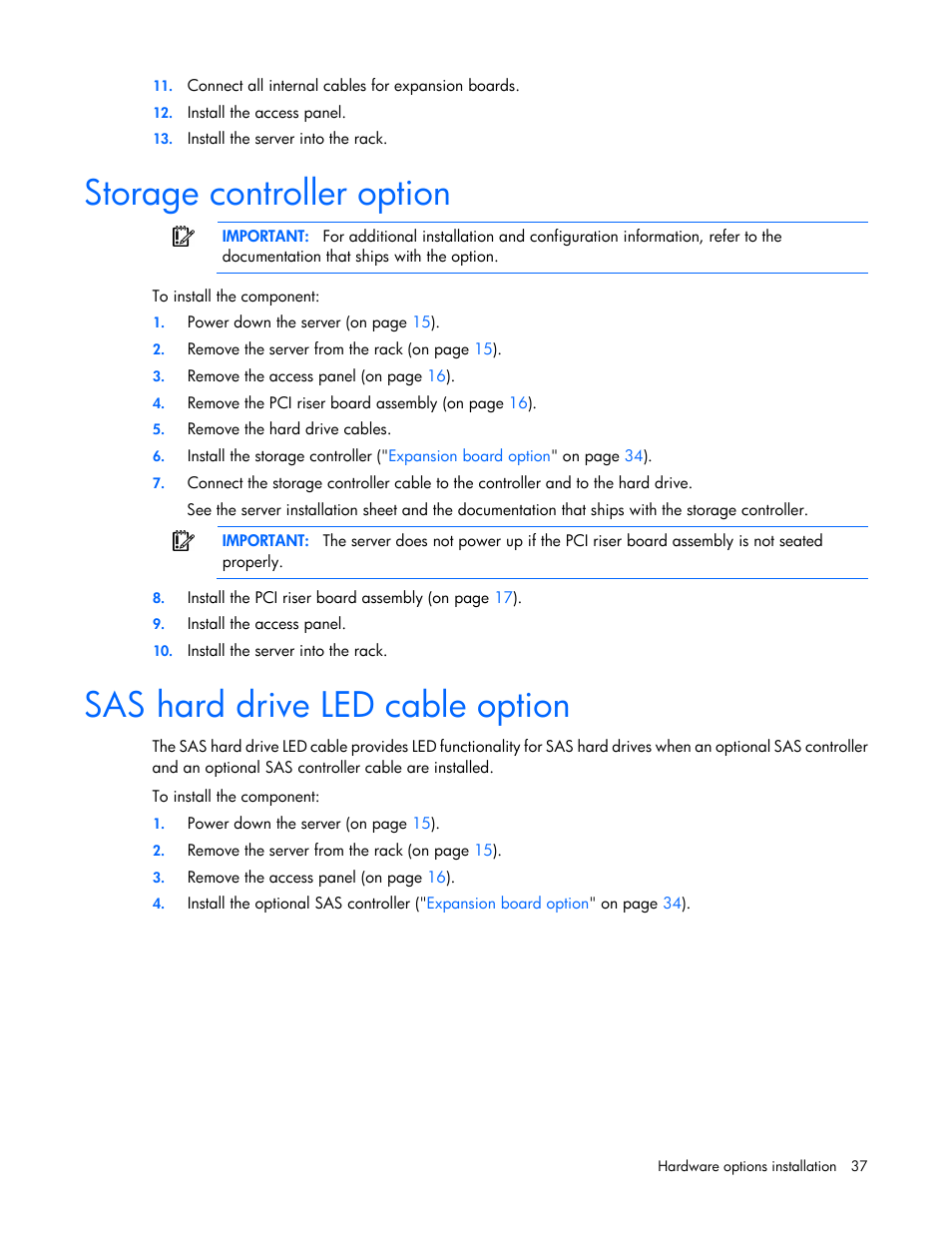 Storage controller option, Sas hard drive led cable option | HP ProLiant DL120 G6 Server User Manual | Page 37 / 113