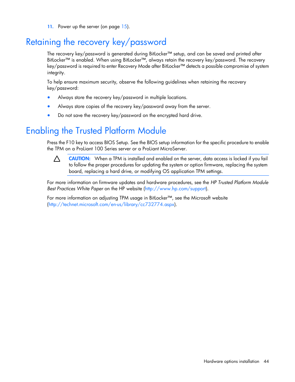 Retaining the recovery key/password, Enabling the trusted platform module | HP ProLiant DL120 G6 Server User Manual | Page 44 / 113