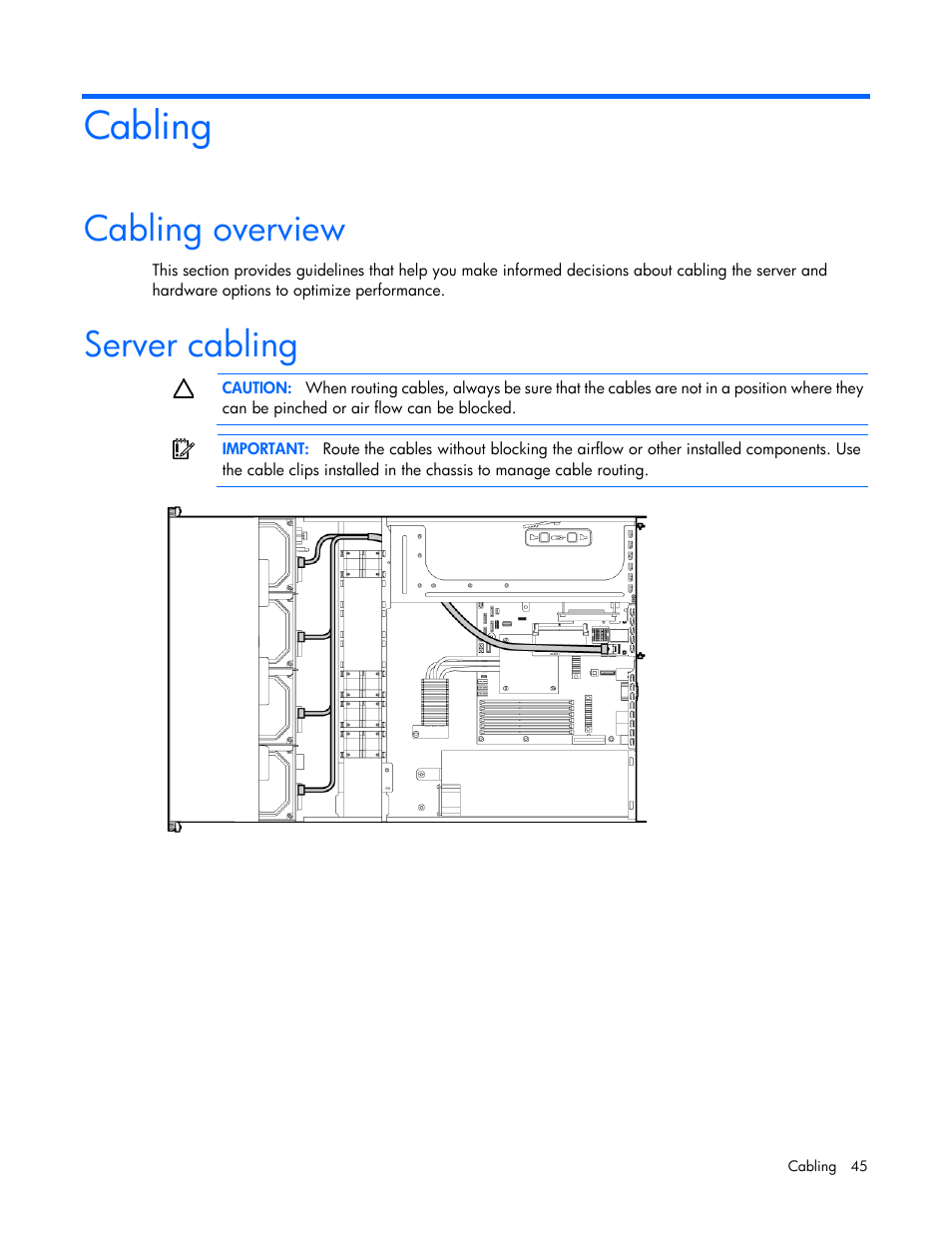 Cabling, Cabling overview, Server cabling | HP ProLiant DL120 G6 Server User Manual | Page 45 / 113