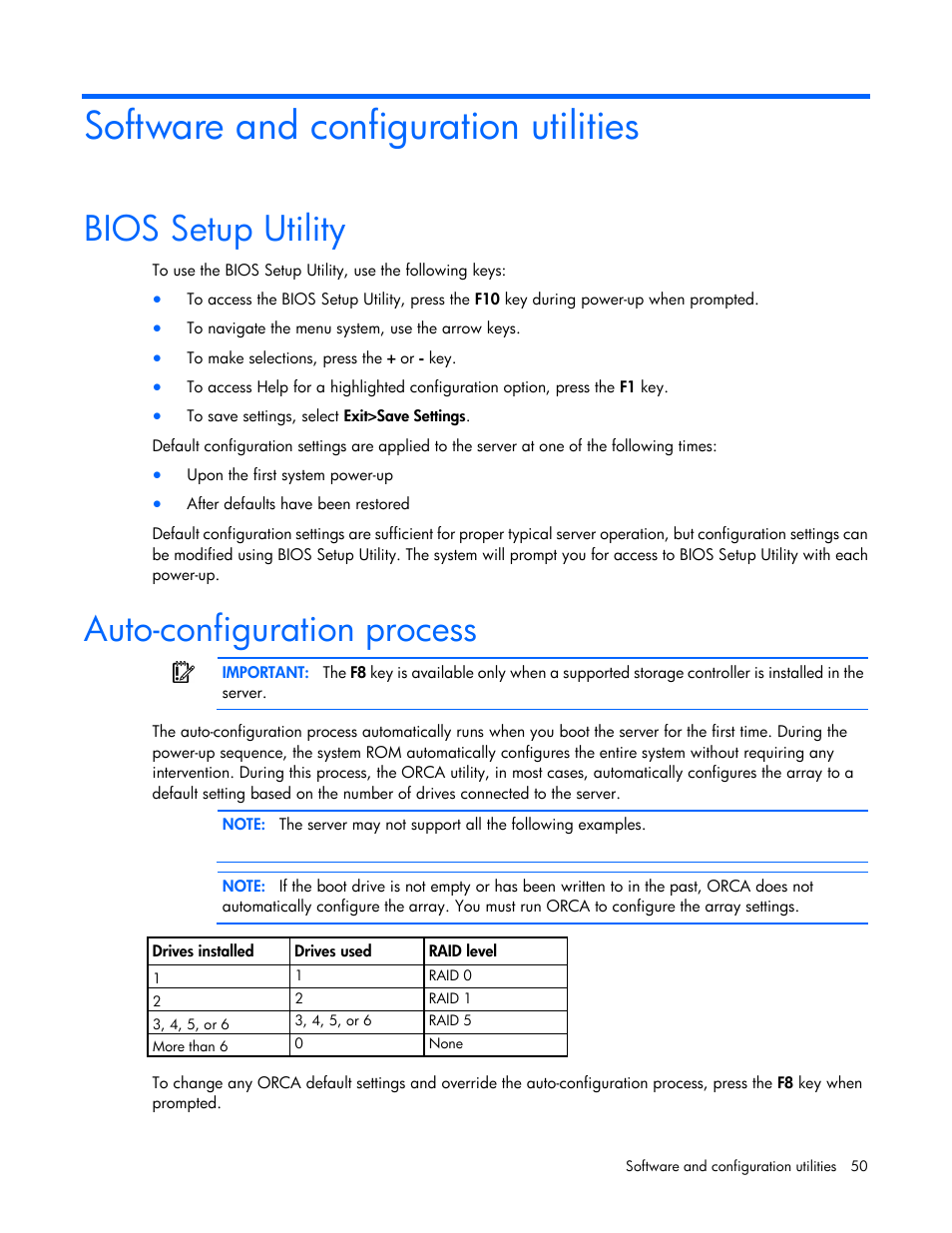 Software and configuration utilities, Bios setup utility, Auto-configuration process | HP ProLiant DL120 G6 Server User Manual | Page 50 / 113