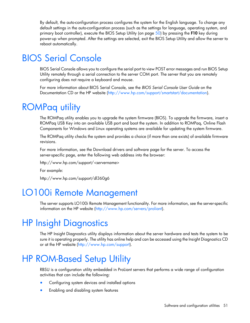 Bios serial console, Rompaq utility, Lo100i remote management | Hp insight diagnostics, Hp rom-based setup utility | HP ProLiant DL120 G6 Server User Manual | Page 51 / 113