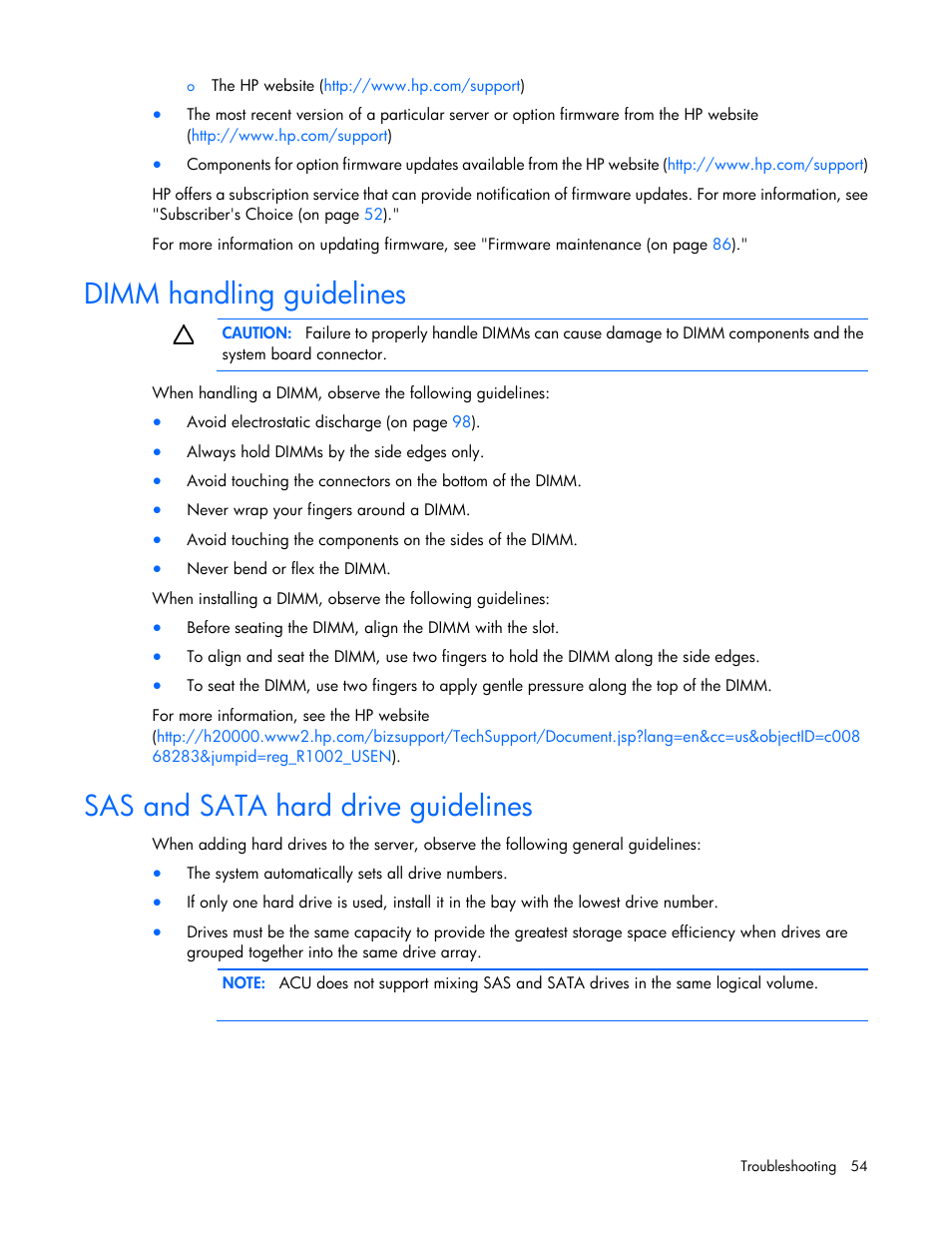 Dimm handling guidelines, Sas and sata hard drive guidelines | HP ProLiant DL120 G6 Server User Manual | Page 54 / 113