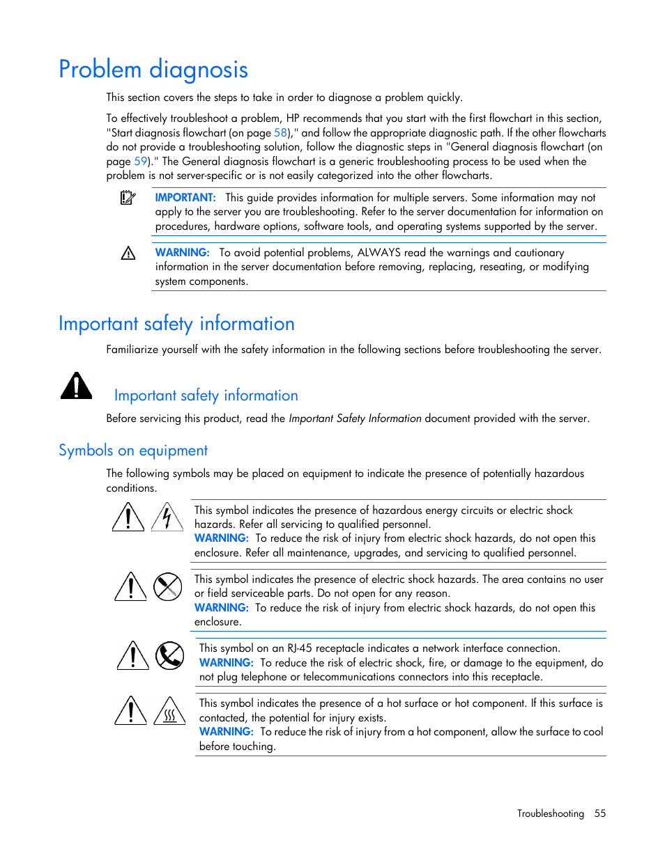 Problem diagnosis, Important safety information, Symbols on equipment | HP ProLiant DL120 G6 Server User Manual | Page 55 / 113