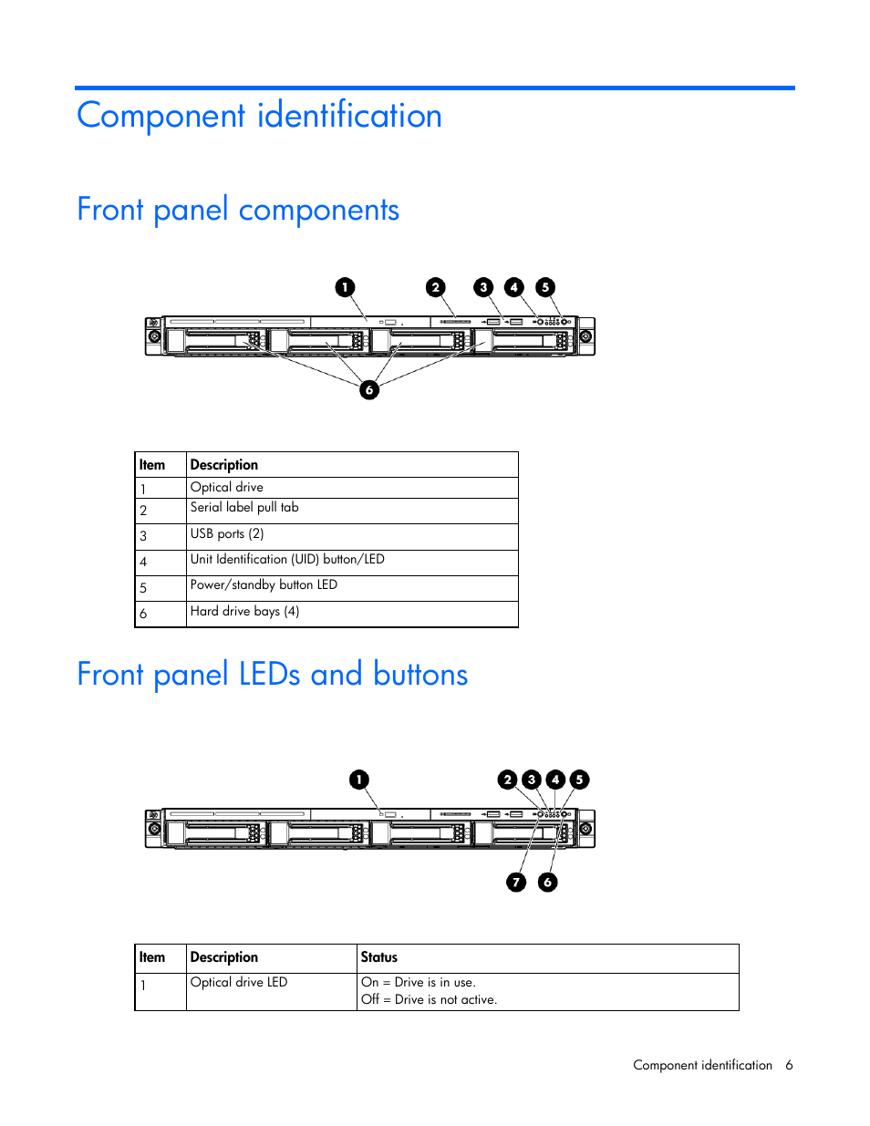 Component identification, Front panel components, Front panel leds and buttons | HP ProLiant DL120 G6 Server User Manual | Page 6 / 113