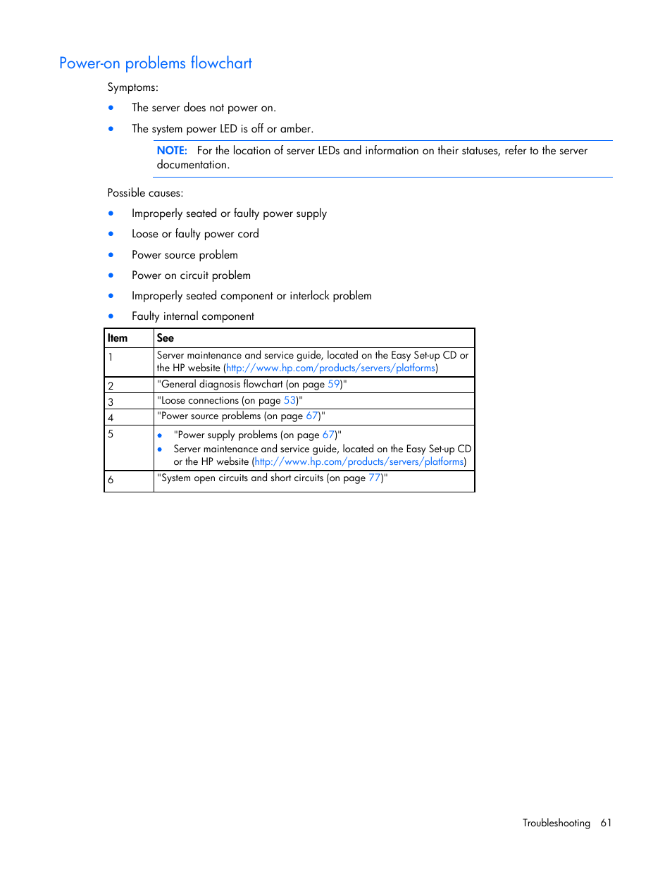 Power-on problems flowchart | HP ProLiant DL120 G6 Server User Manual | Page 61 / 113