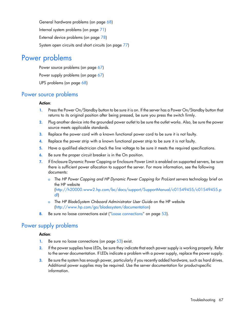 Power problems, Power source problems, Power supply problems | HP ProLiant DL120 G6 Server User Manual | Page 67 / 113