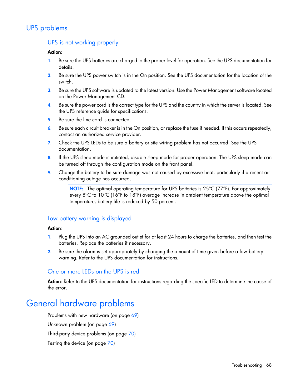 Ups problems, Ups is not working properly, Low battery warning is displayed | One or more leds on the ups is red, General hardware problems | HP ProLiant DL120 G6 Server User Manual | Page 68 / 113