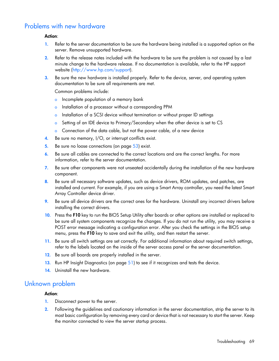 Problems with new hardware, Unknown problem | HP ProLiant DL120 G6 Server User Manual | Page 69 / 113