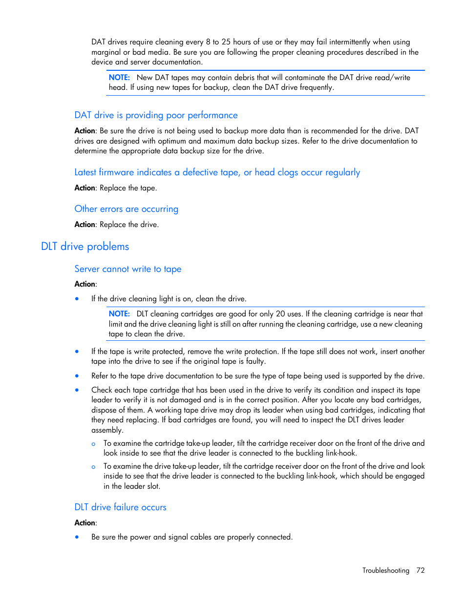Dat drive is providing poor performance, Other errors are occurring, Dlt drive problems | Server cannot write to tape, Dlt drive failure occurs | HP ProLiant DL120 G6 Server User Manual | Page 72 / 113