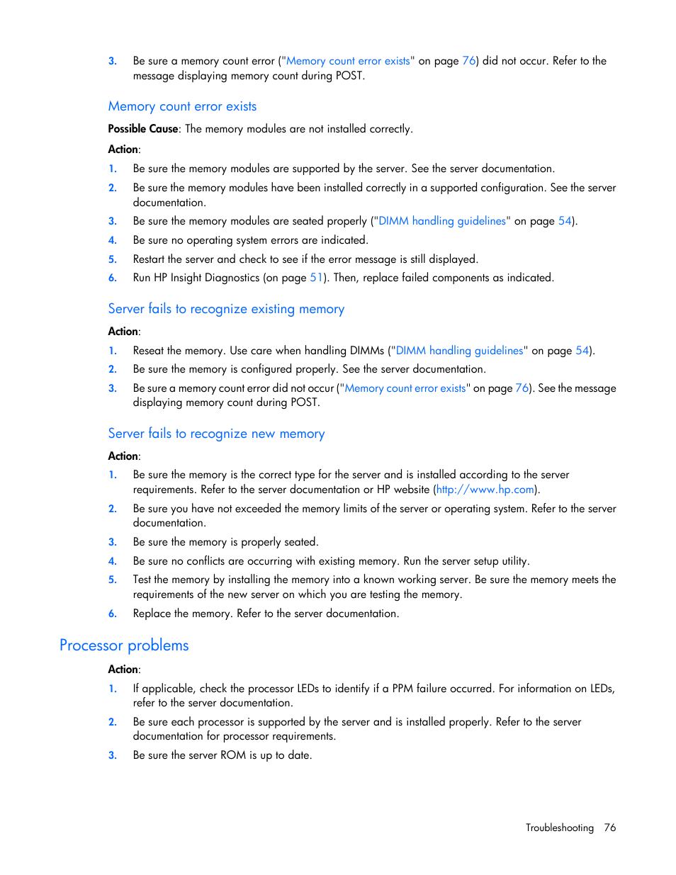 Memory count error exists, Server fails to recognize existing memory, Server fails to recognize new memory | Processor problems | HP ProLiant DL120 G6 Server User Manual | Page 76 / 113