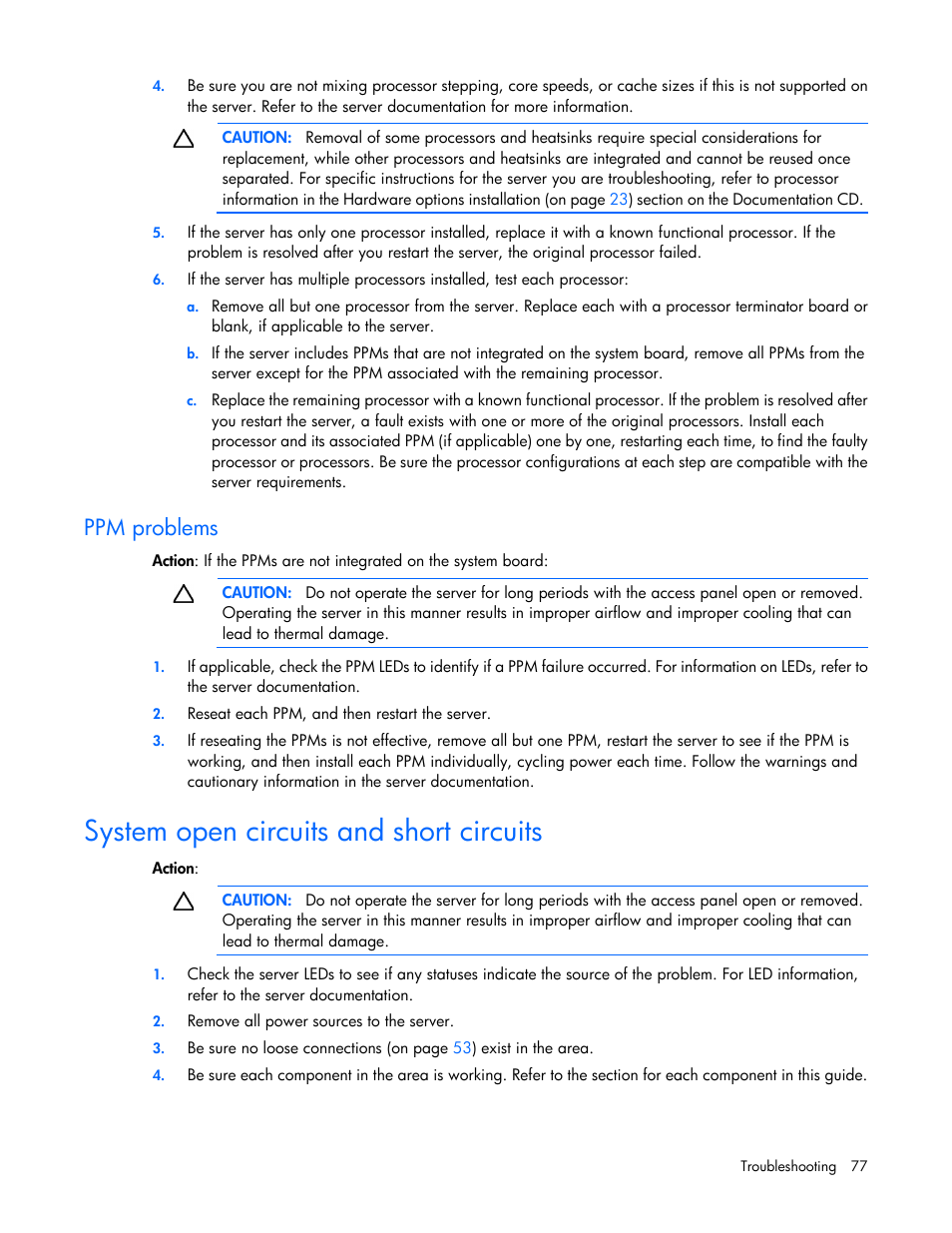 Ppm problems, System open circuits and short circuits | HP ProLiant DL120 G6 Server User Manual | Page 77 / 113