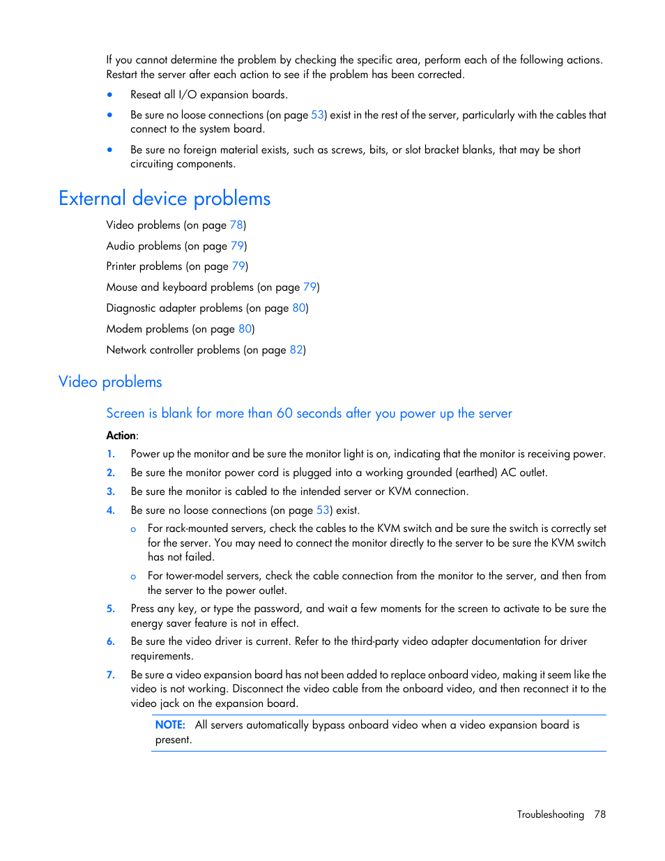 External device problems, Video problems | HP ProLiant DL120 G6 Server User Manual | Page 78 / 113