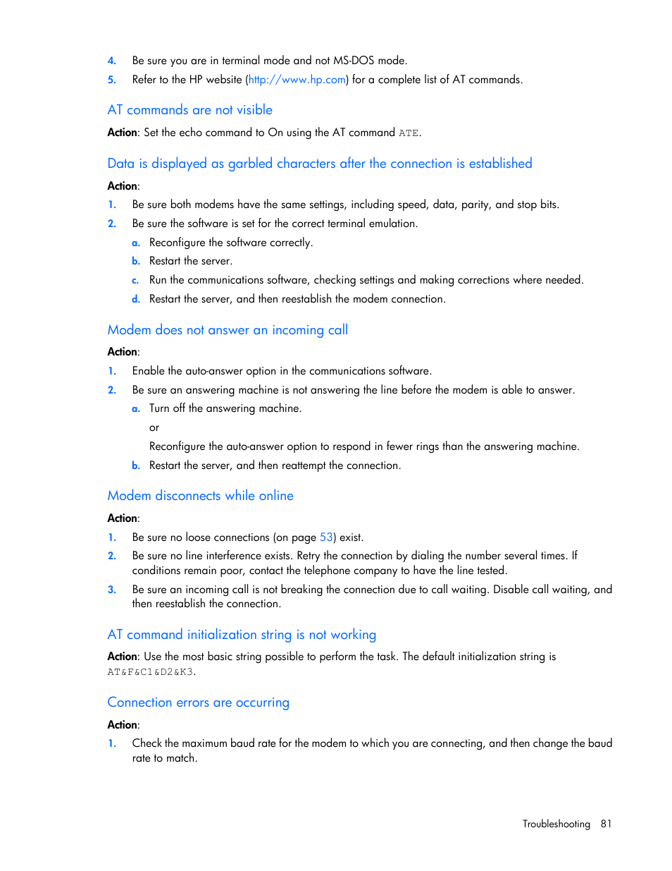 At commands are not visible, Modem does not answer an incoming call, Modem disconnects while online | At command initialization string is not working, Connection errors are occurring | HP ProLiant DL120 G6 Server User Manual | Page 81 / 113