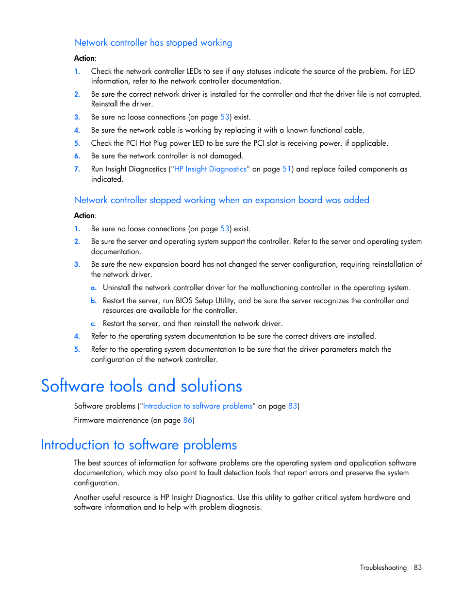 Network controller has stopped working, Software tools and solutions, Introduction to software problems | HP ProLiant DL120 G6 Server User Manual | Page 83 / 113