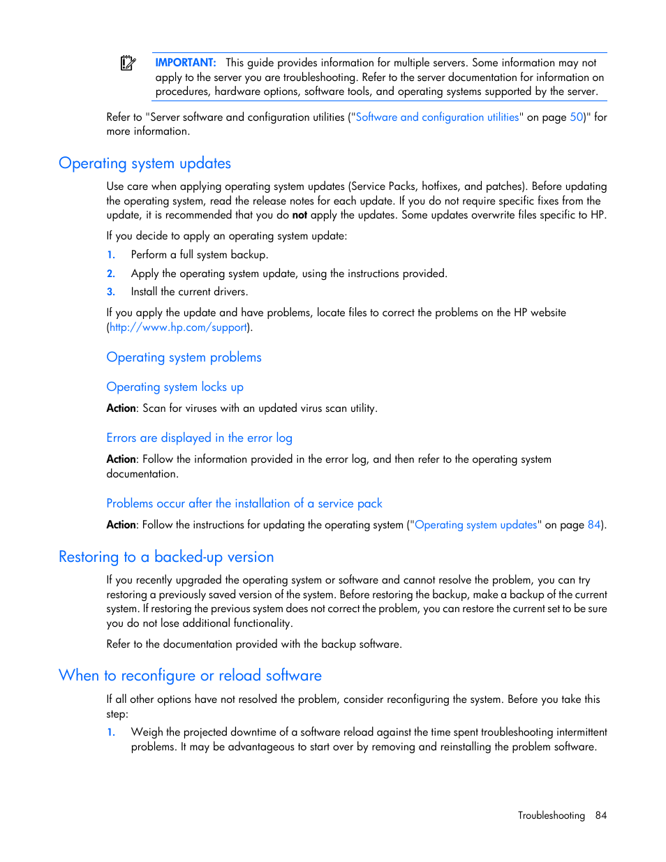 Operating system updates, Operating system problems, Operating system locks up | Errors are displayed in the error log, Restoring to a backed-up version, When to reconfigure or reload software | HP ProLiant DL120 G6 Server User Manual | Page 84 / 113