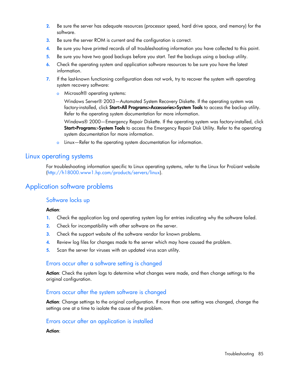 Linux operating systems, Application software problems, Software locks up | Errors occur after a software setting is changed, Errors occur after the system software is changed, Errors occur after an application is installed | HP ProLiant DL120 G6 Server User Manual | Page 85 / 113