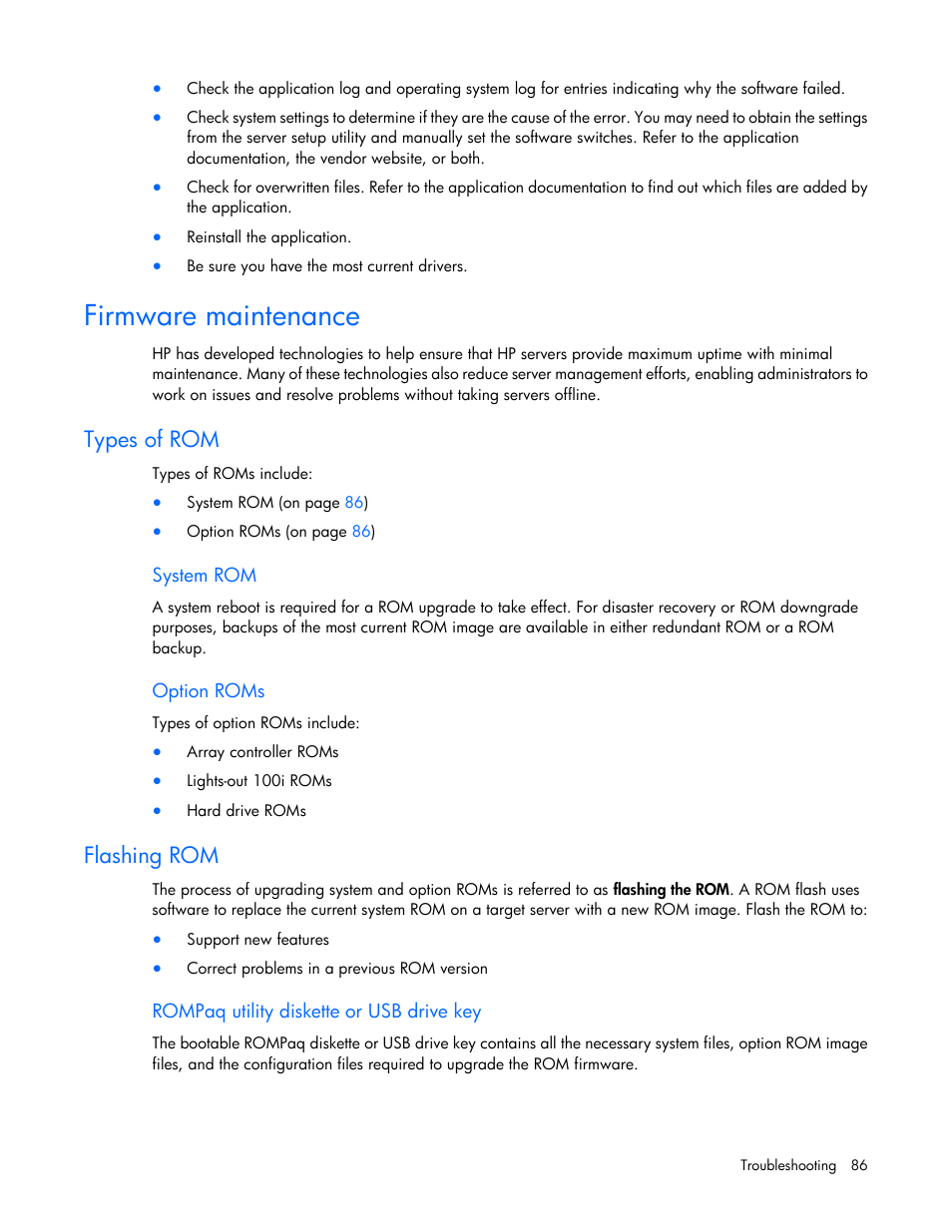 Firmware maintenance, Types of rom, System rom | Option roms, Flashing rom, Rompaq utility diskette or usb drive key | HP ProLiant DL120 G6 Server User Manual | Page 86 / 113