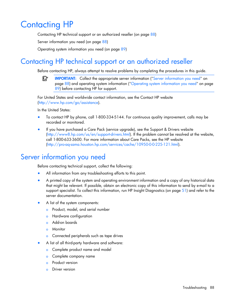 Contacting hp, Server information you need | HP ProLiant DL120 G6 Server User Manual | Page 88 / 113
