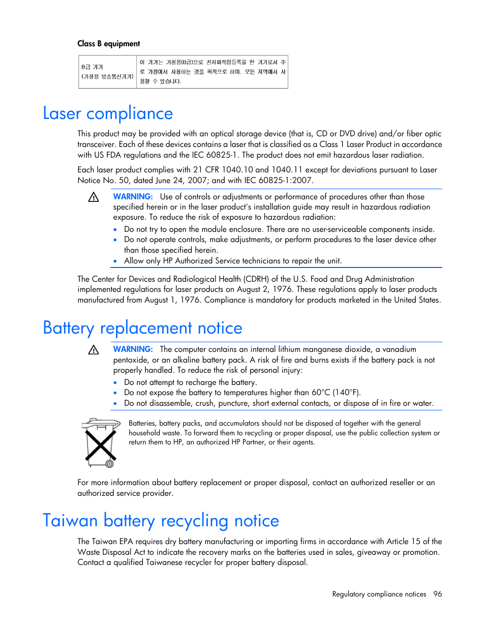 Laser compliance, Battery replacement notice, Taiwan battery recycling notice | HP ProLiant DL120 G6 Server User Manual | Page 96 / 113