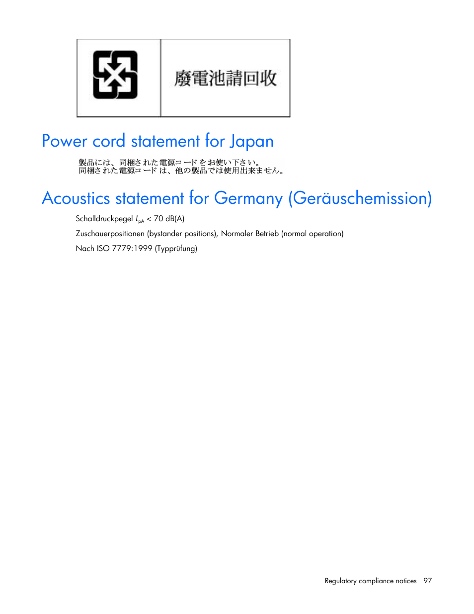 Power cord statement for japan, Acoustics statement for germany (geräuschemission) | HP ProLiant DL120 G6 Server User Manual | Page 97 / 113