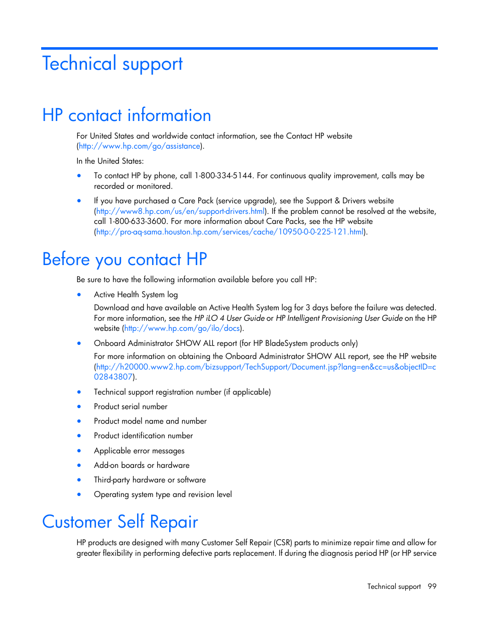Technical support, Hp contact information, Before you contact hp | Customer self repair, Contact information | HP ProLiant DL120 G6 Server User Manual | Page 99 / 113