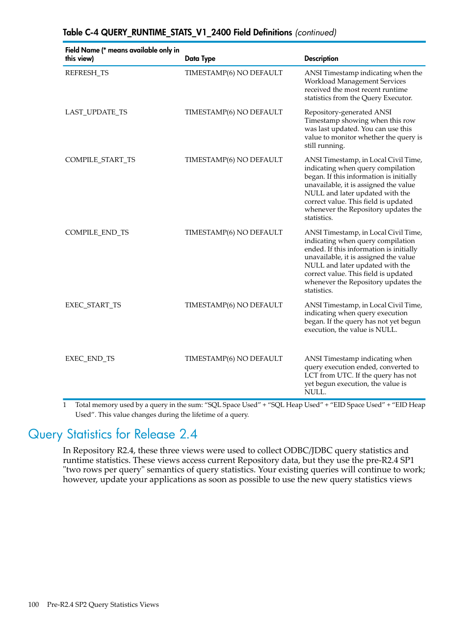 Query statistics for release 2.4 | HP Neoview Release 2.4 Software User Manual | Page 100 / 128