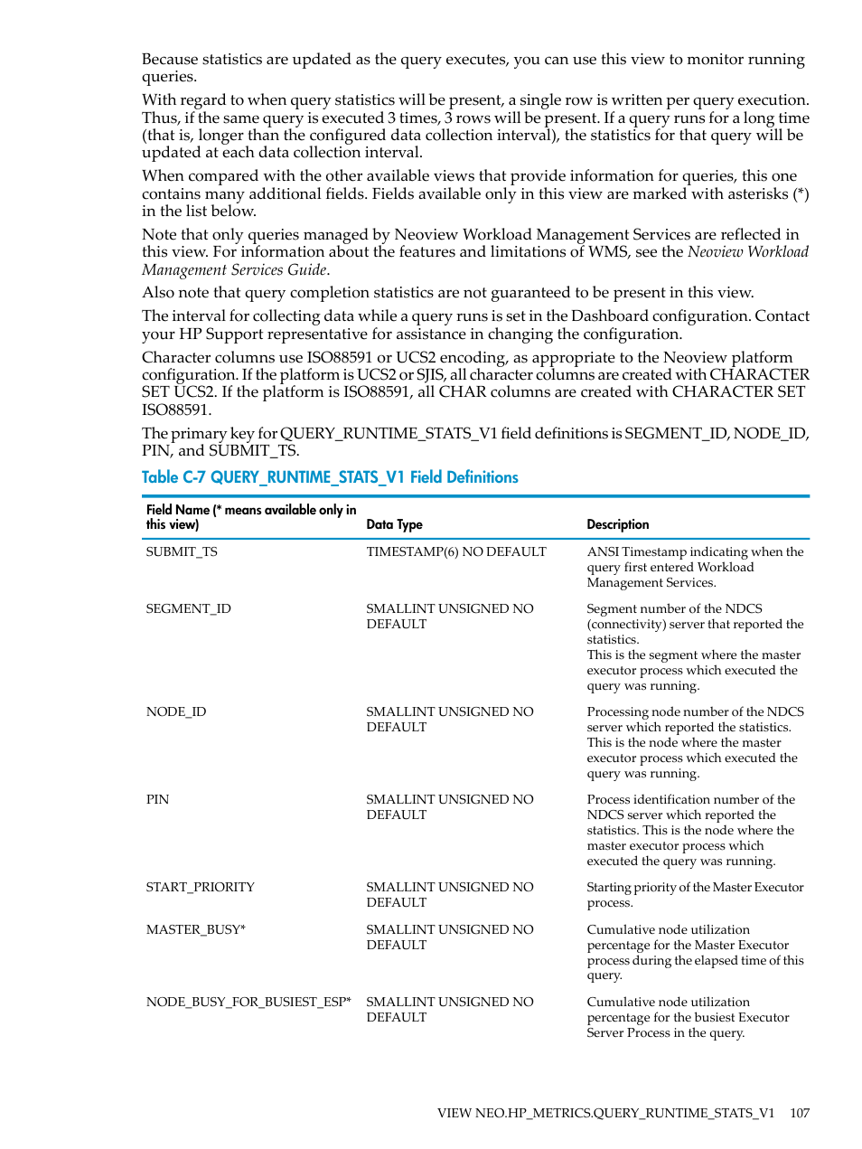 Query_runtime_stats_v1 field definitions | HP Neoview Release 2.4 Software User Manual | Page 107 / 128