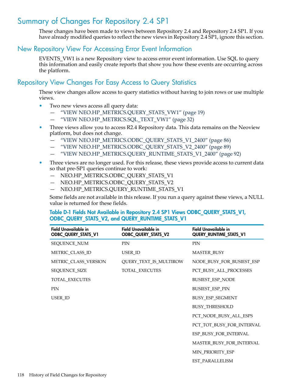 Summary of changes for repository 2.4 sp1 | HP Neoview Release 2.4 Software User Manual | Page 118 / 128