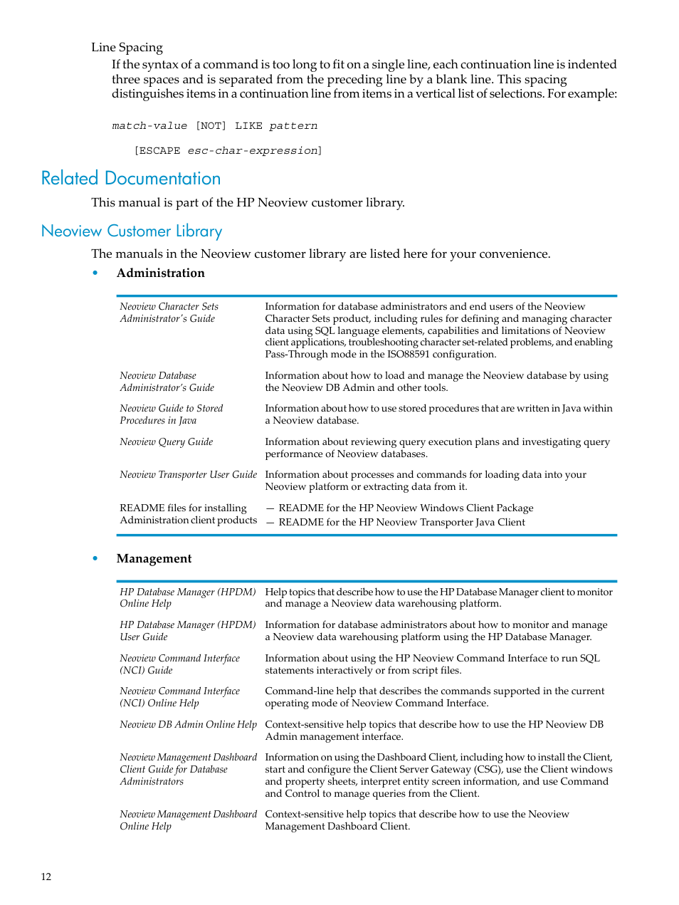 Related documentation, Neoview customer library | HP Neoview Release 2.4 Software User Manual | Page 12 / 128