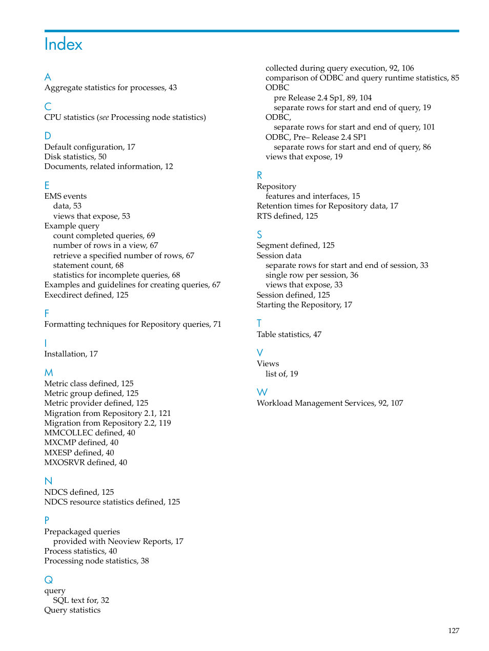 Index | HP Neoview Release 2.4 Software User Manual | Page 127 / 128