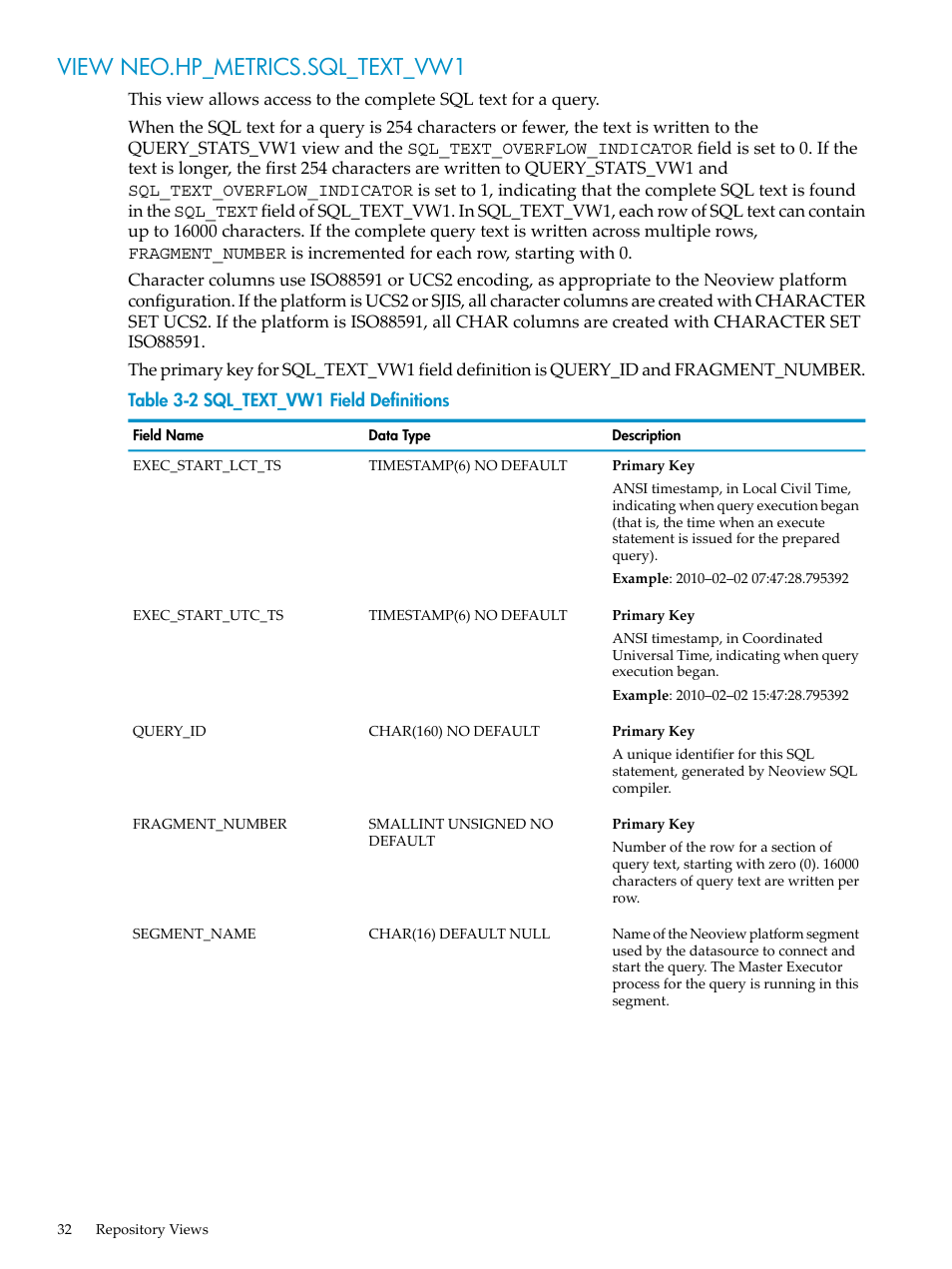 View neo.hp_metrics.sql_text_vw1, Sql_text_vw1 field definitions | HP Neoview Release 2.4 Software User Manual | Page 32 / 128