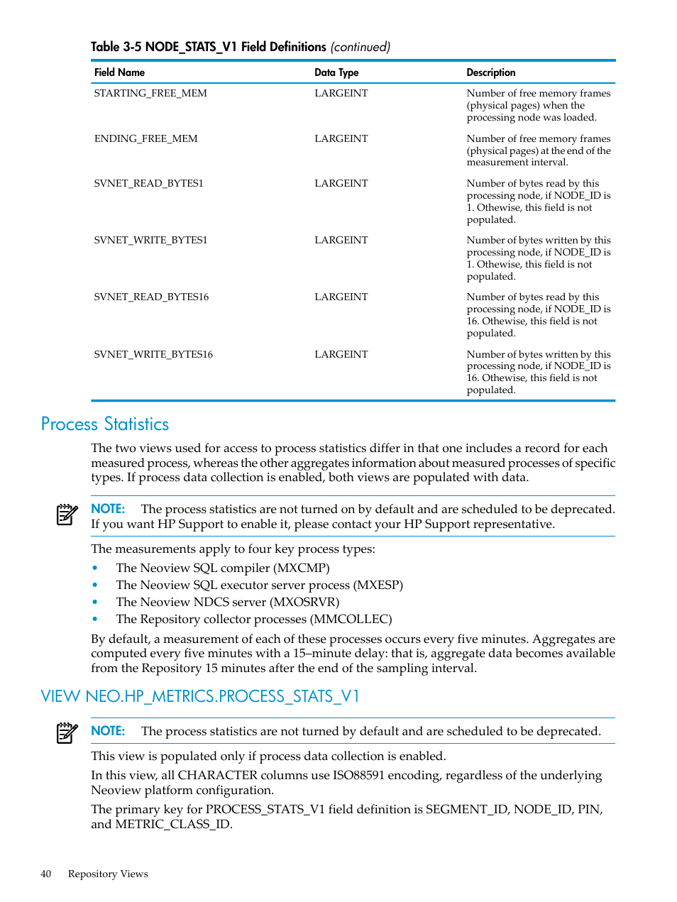 Process statistics, View neo.hp_metrics.process_stats_v1 | HP Neoview Release 2.4 Software User Manual | Page 40 / 128