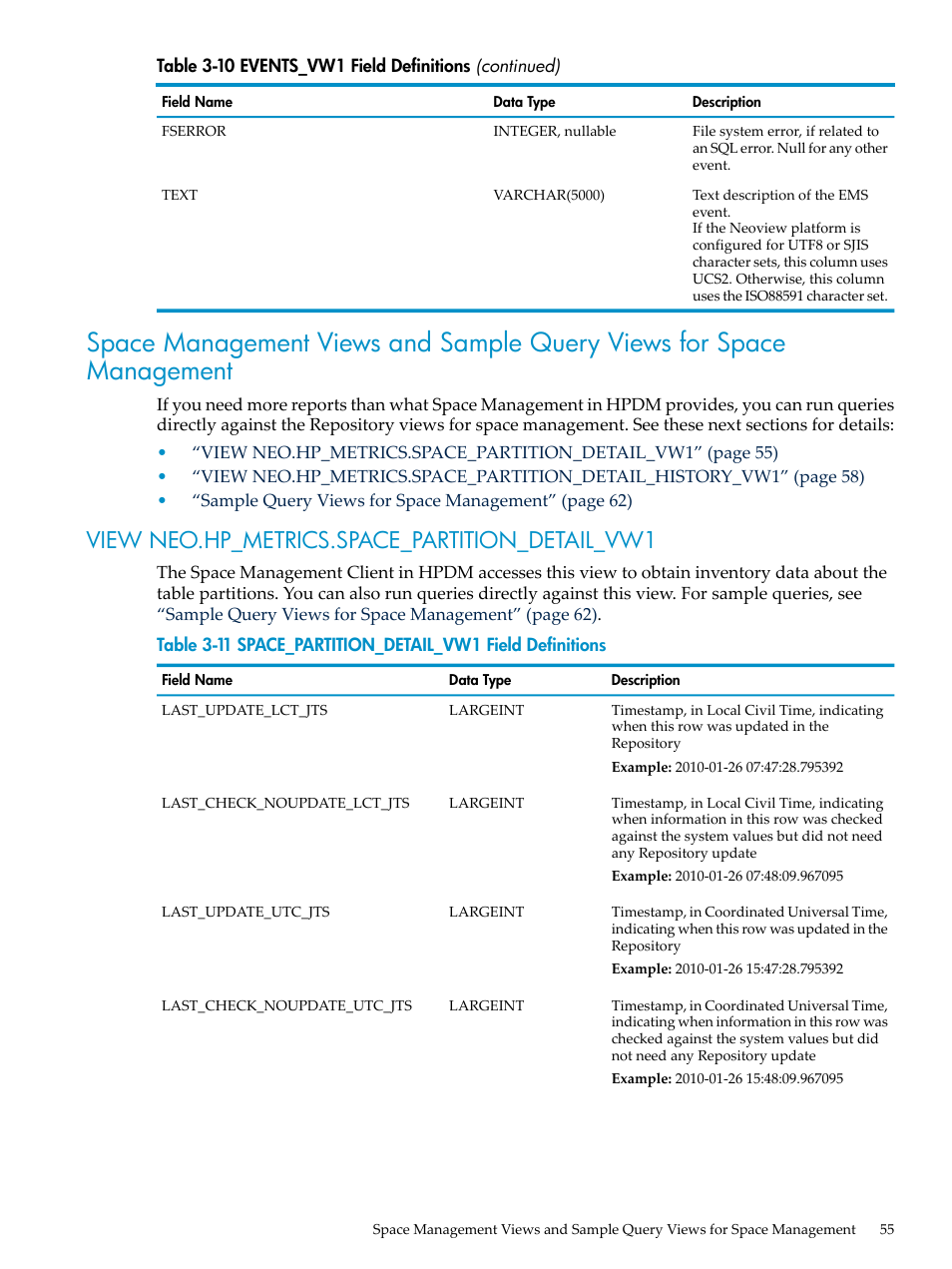 View neo.hp_metrics.space_partition_detail_vw1, Space_partition_detail_vw1 field definitions, Space management | HP Neoview Release 2.4 Software User Manual | Page 55 / 128