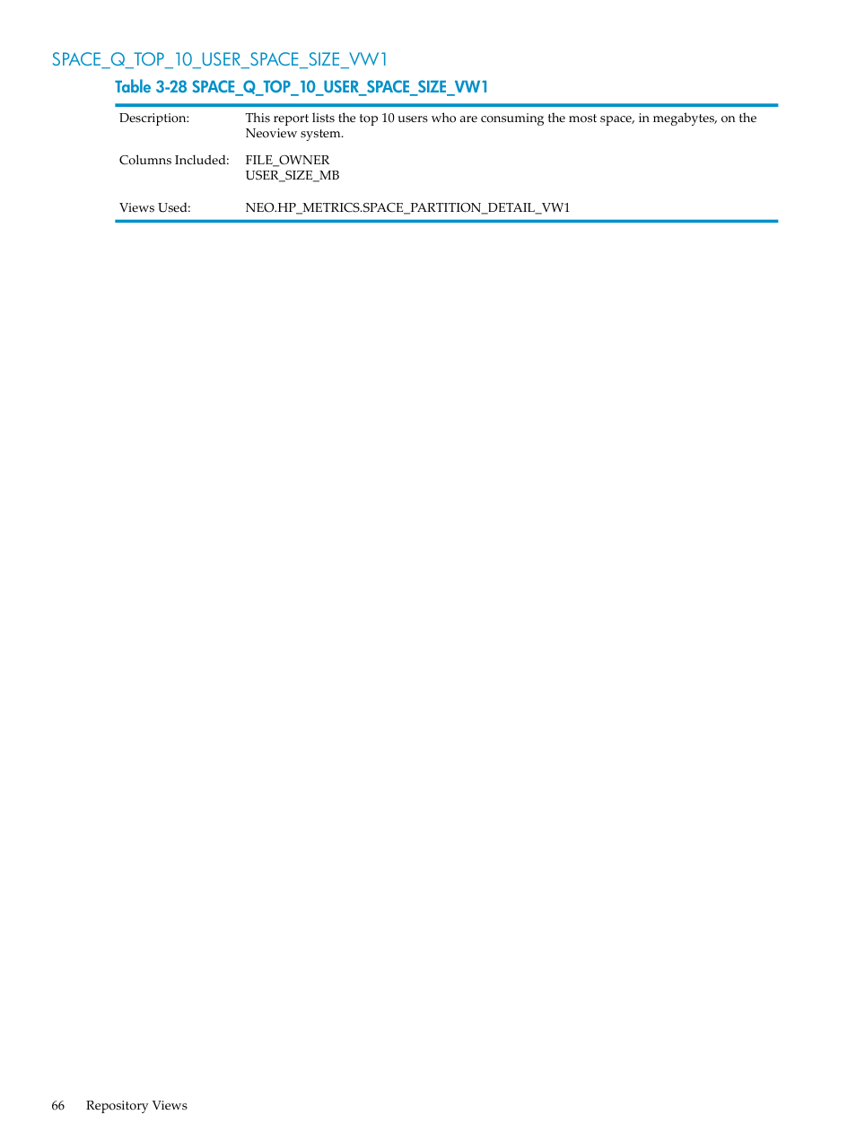 Space_q_top_10_user_space_size_vw1 | HP Neoview Release 2.4 Software User Manual | Page 66 / 128