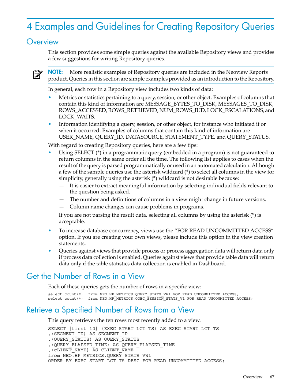 Overview, Get the number of rows in a view, Retrieve a specified number of rows from a view | HP Neoview Release 2.4 Software User Manual | Page 67 / 128