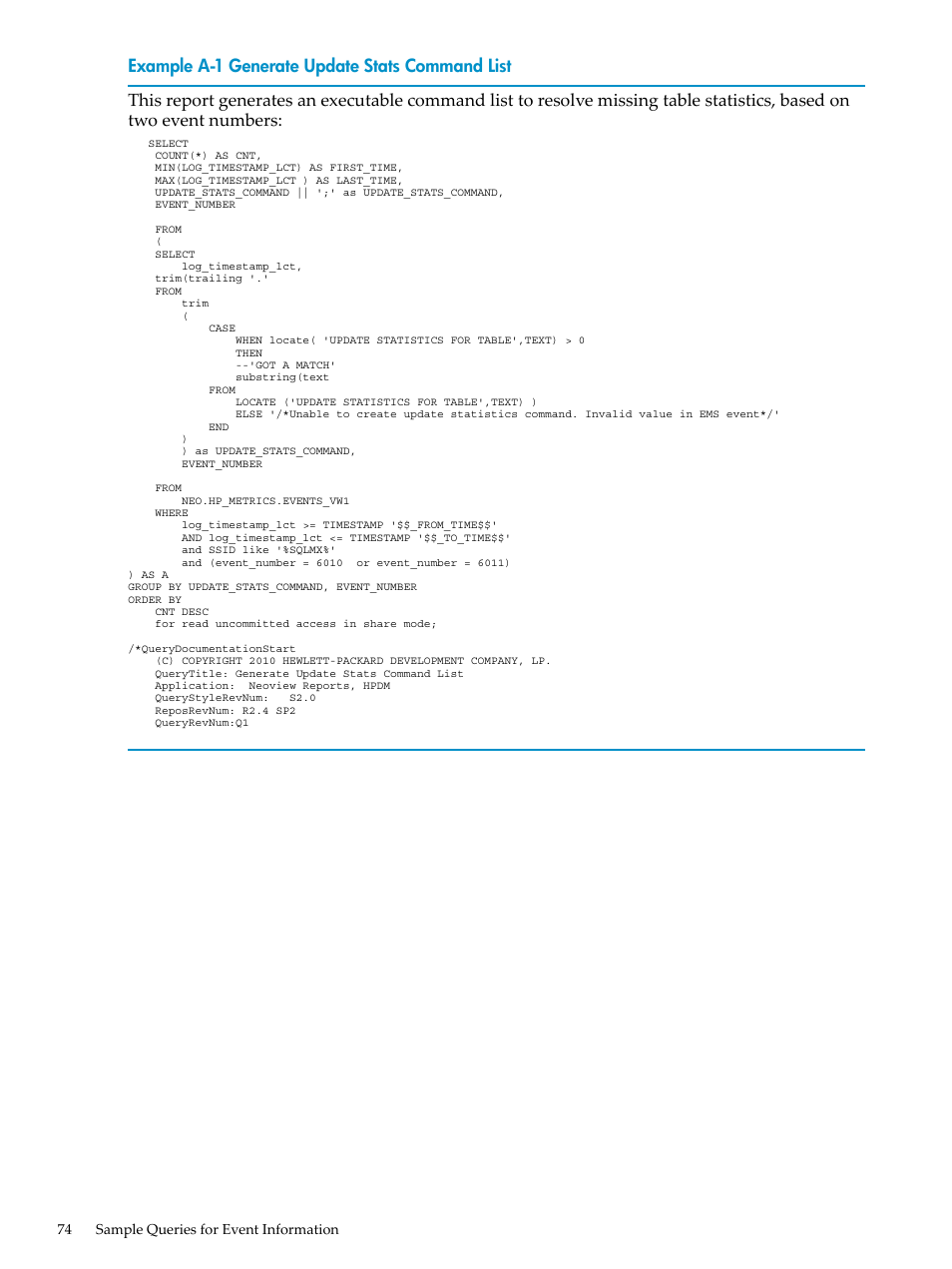 Generate update stats command list | HP Neoview Release 2.4 Software User Manual | Page 74 / 128