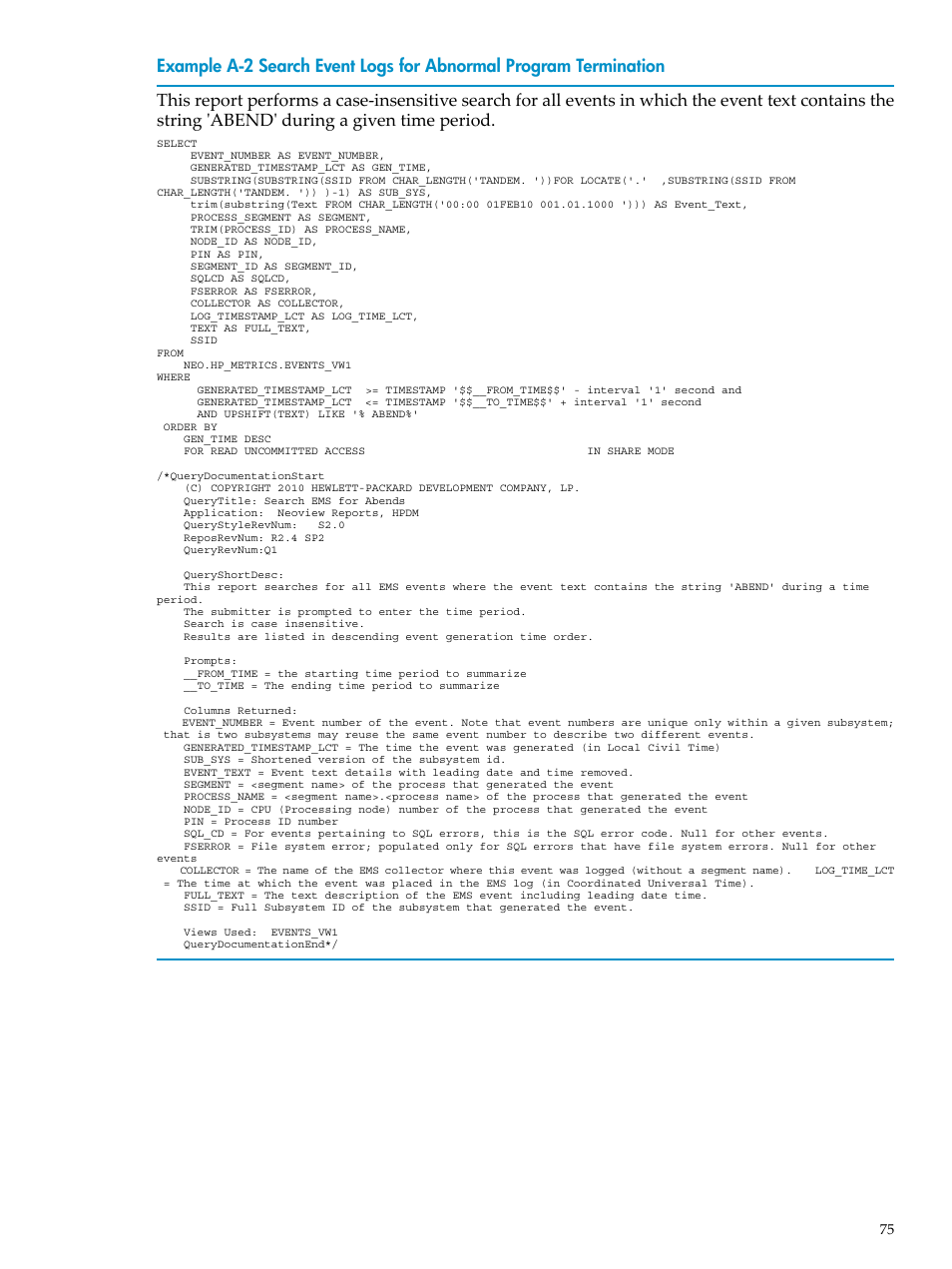 Search event logs for abnormal program termination | HP Neoview Release 2.4 Software User Manual | Page 75 / 128