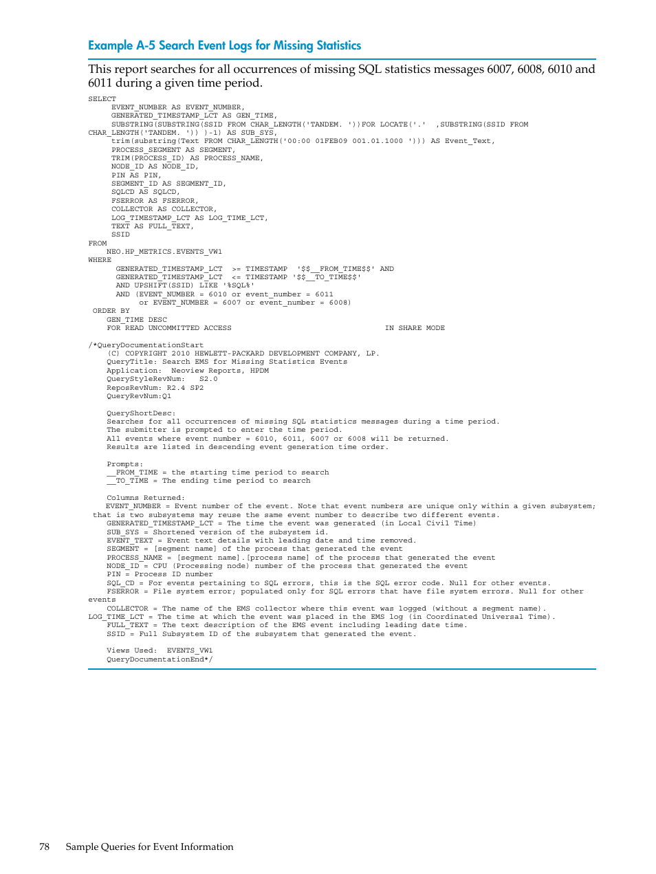 Search event logs for missing statistics | HP Neoview Release 2.4 Software User Manual | Page 78 / 128