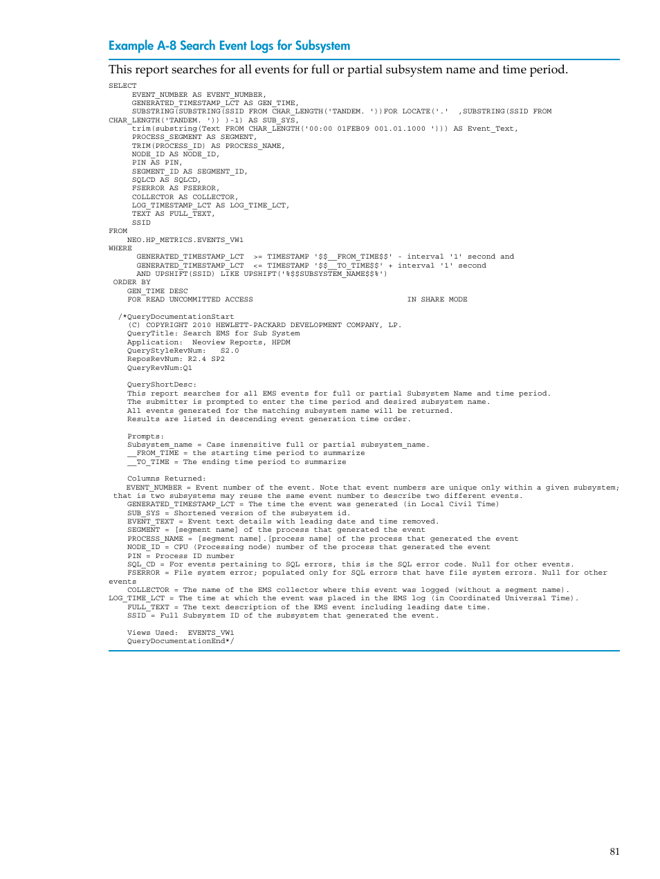 Search event logs for subsystem | HP Neoview Release 2.4 Software User Manual | Page 81 / 128