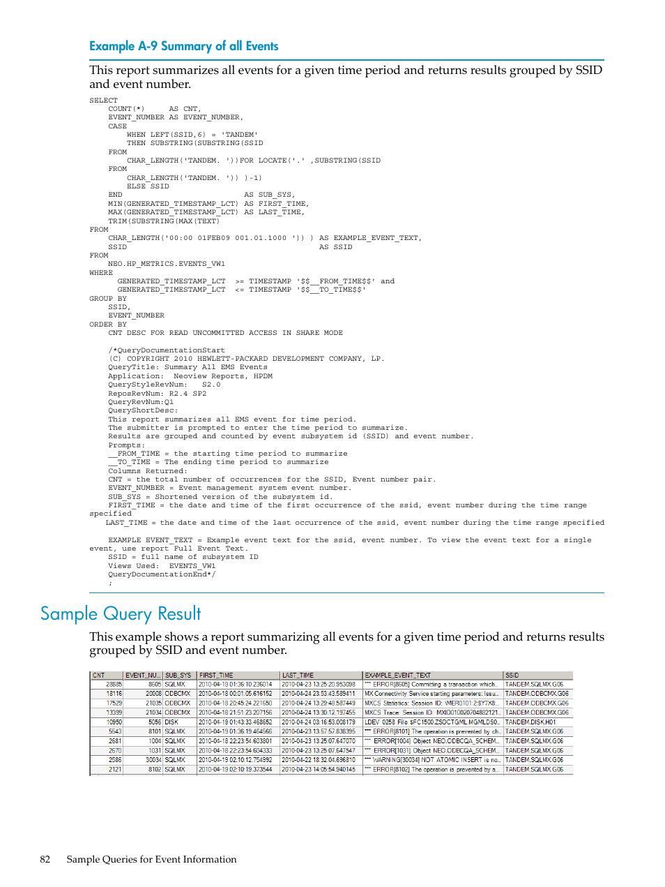 Sample query result, Summary of all events | HP Neoview Release 2.4 Software User Manual | Page 82 / 128