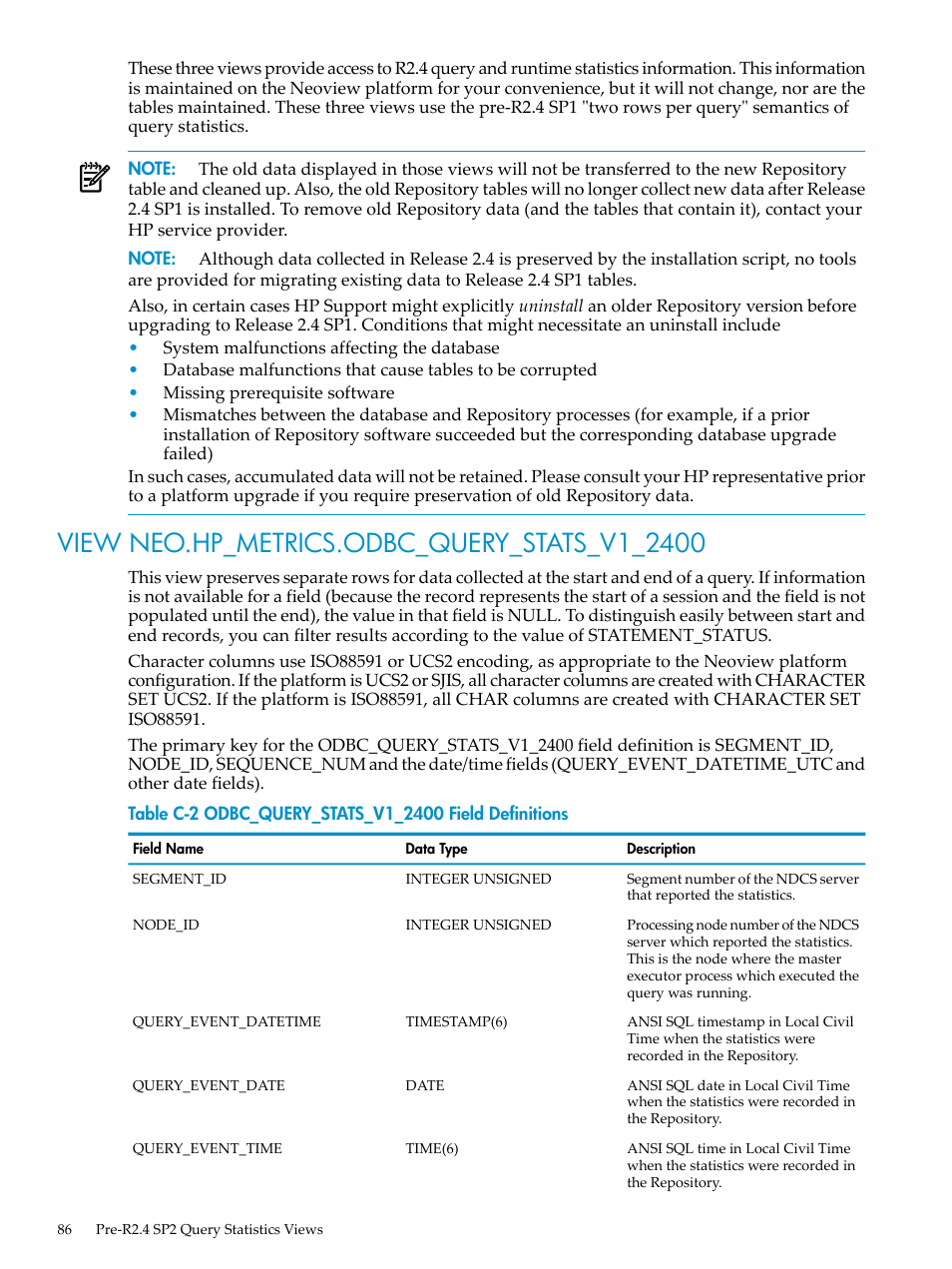 View neo.hp_metrics.odbc_query_stats_v1_2400, Odbc_query_stats_v1_2400 field definitions | HP Neoview Release 2.4 Software User Manual | Page 86 / 128