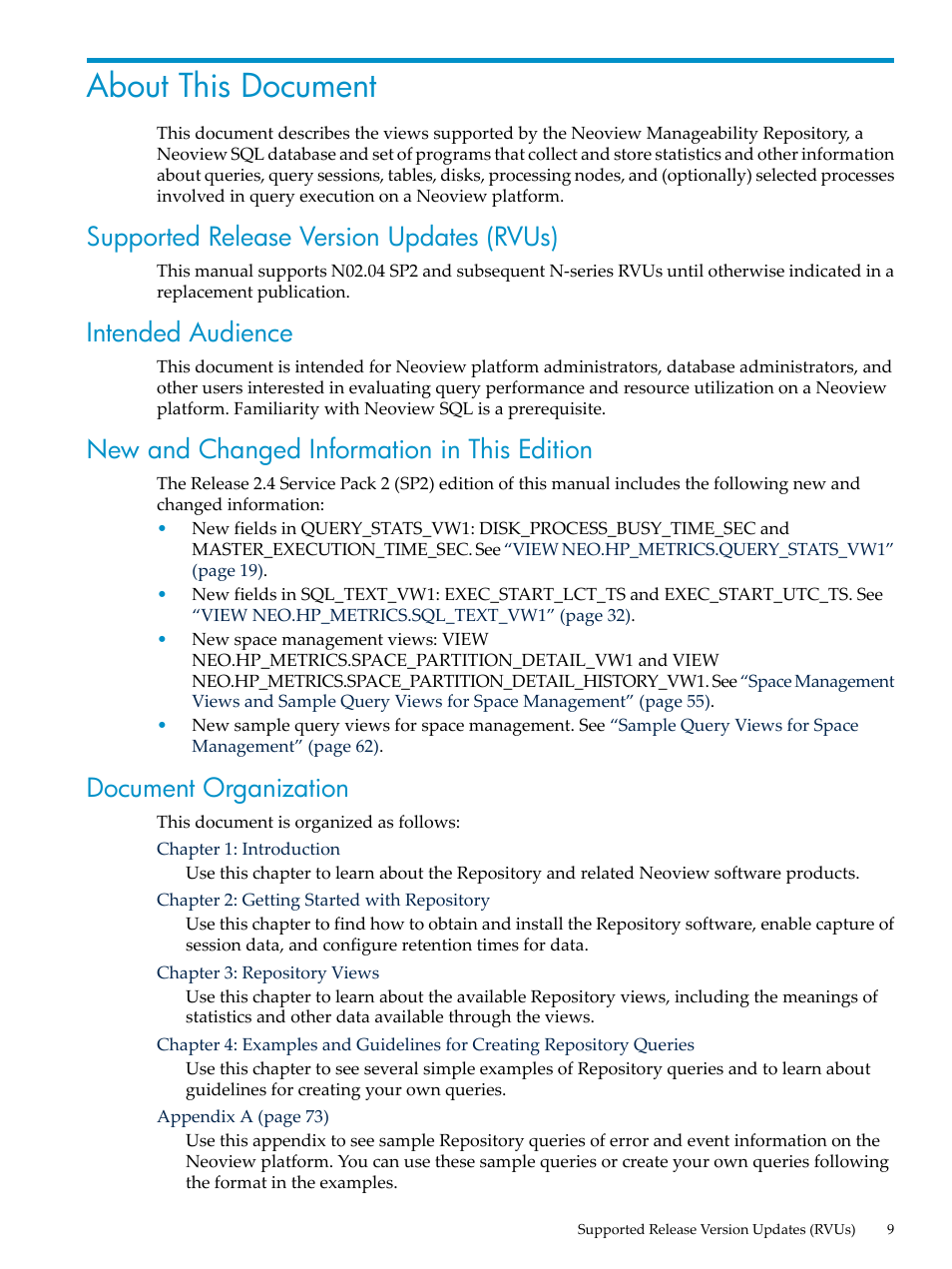 About this document, Supported release version updates (rvus), Intended audience | New and changed information in this edition, Document organization | HP Neoview Release 2.4 Software User Manual | Page 9 / 128
