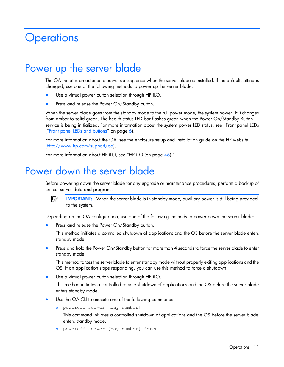 Operations, Power up the server blade, Power down the server blade | HP ProLiant BL460c Gen8 Server Blade User Manual | Page 11 / 83